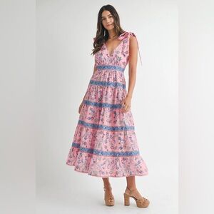 Mable Pink and Blue Tiered Midi Dress - engagement, flirty, spring, summer, fun